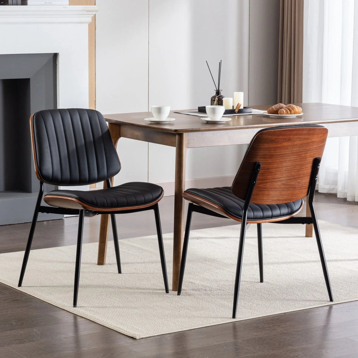 Dining Chairs (Set of 2) Mid-Century Modern Retro Faux Leather Chair With Walnut Bentwood Back Upholstered Seat Metal Legs Adjustable Foot For Kitchen Dining Room Chairs - Furniture Home Direct