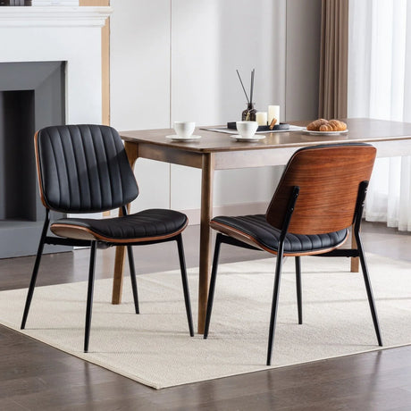 Dining Chairs (Set of 2) Mid-Century Modern Retro Faux Leather Chair With Walnut Bentwood Back Upholstered Seat Metal Legs Adjustable Foot For Kitchen Dining Room Chairs - Furniture Home Direct