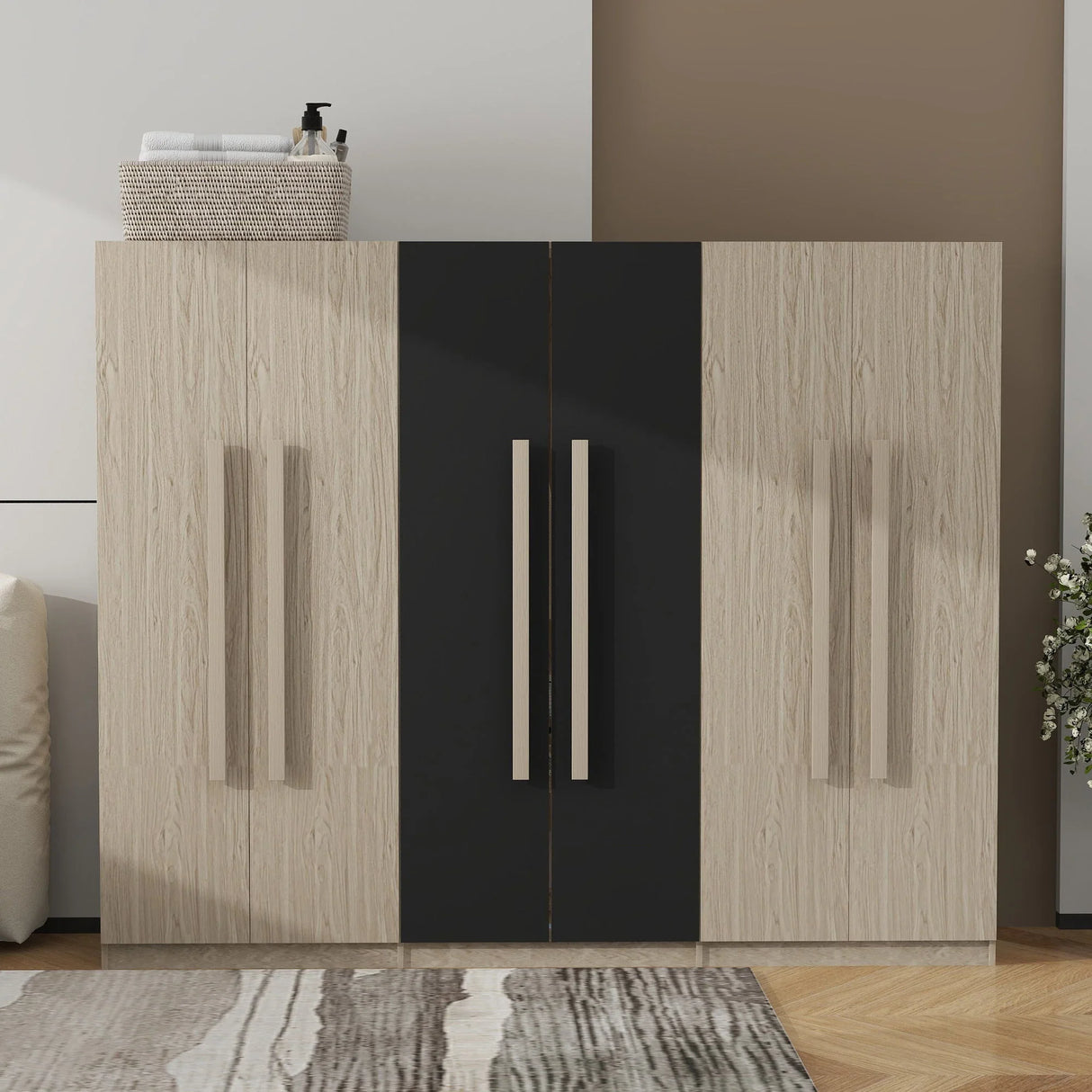 6 Doors Wardrobe Storage For Bedroom, With 2 Drawers Inside - Black / Nature - Furniture Home Direct