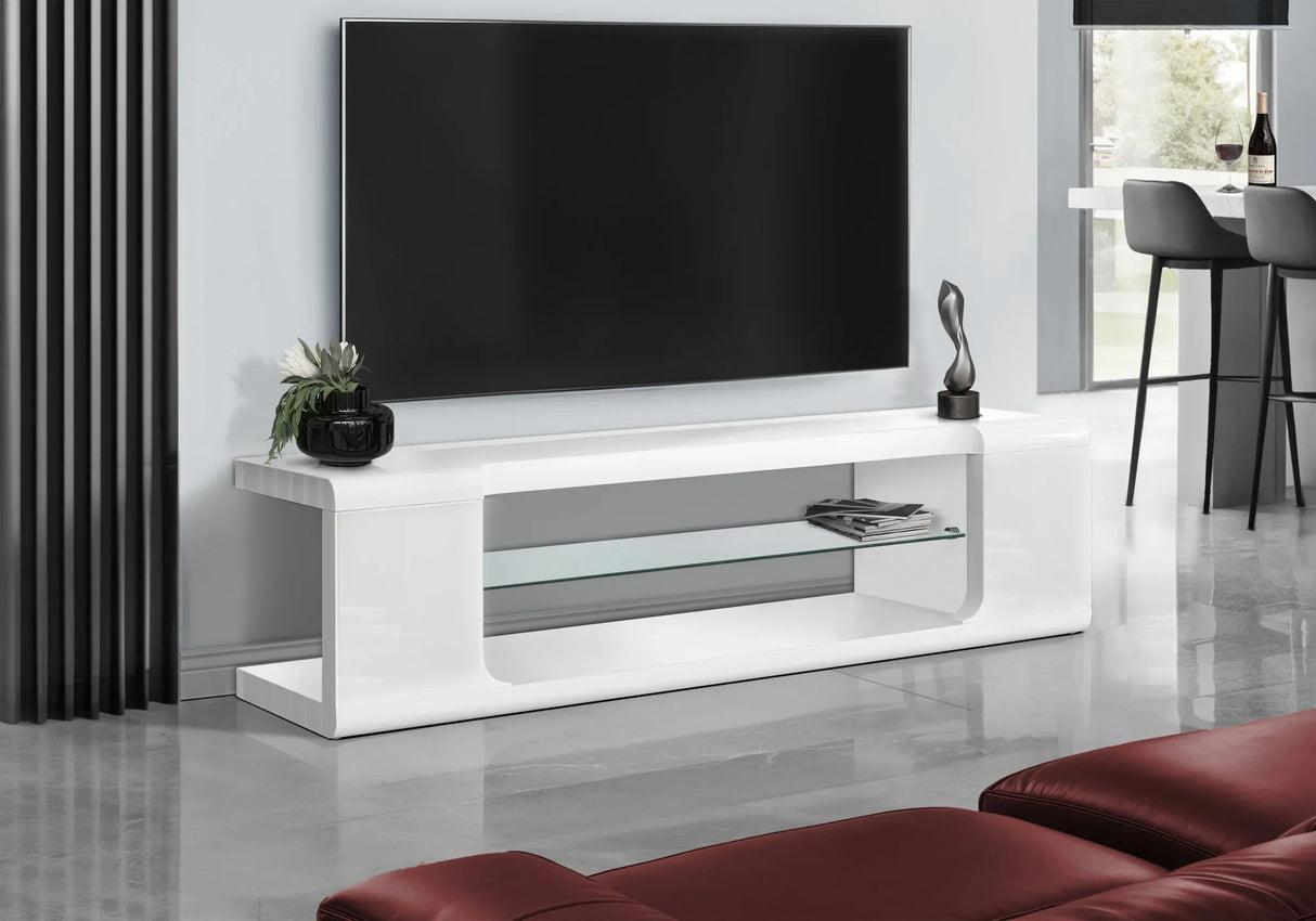 TV Stand, Console, Media Entertainment Center, Storage Shelves, Glossy Contemporary & Modern - White - Furniture Home Direct
