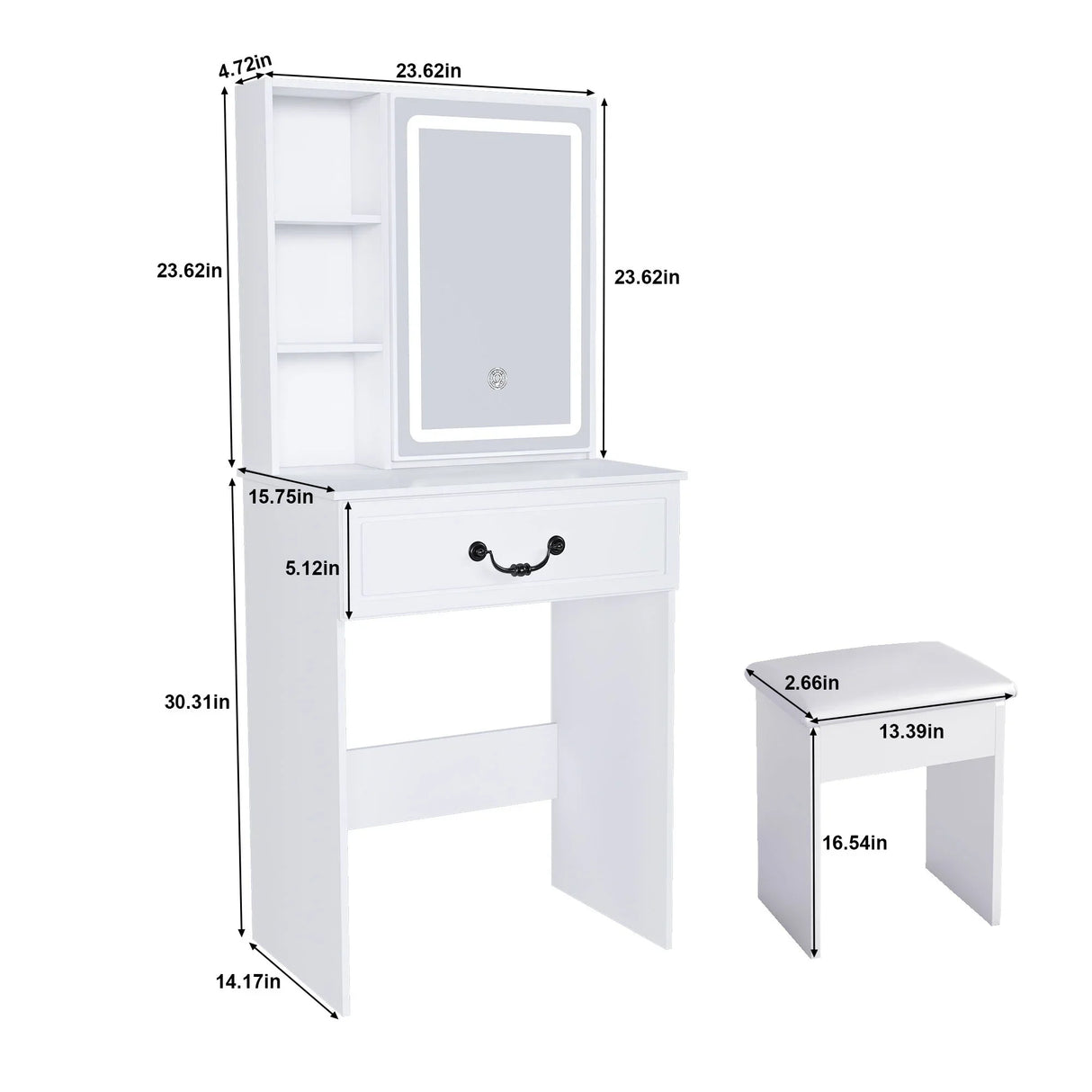 Modern Mini Dressing Table With Led-Lit Mirror & Hidden Storage, Adjustable Brightness Vanity Desk - White - Furniture Home Direct