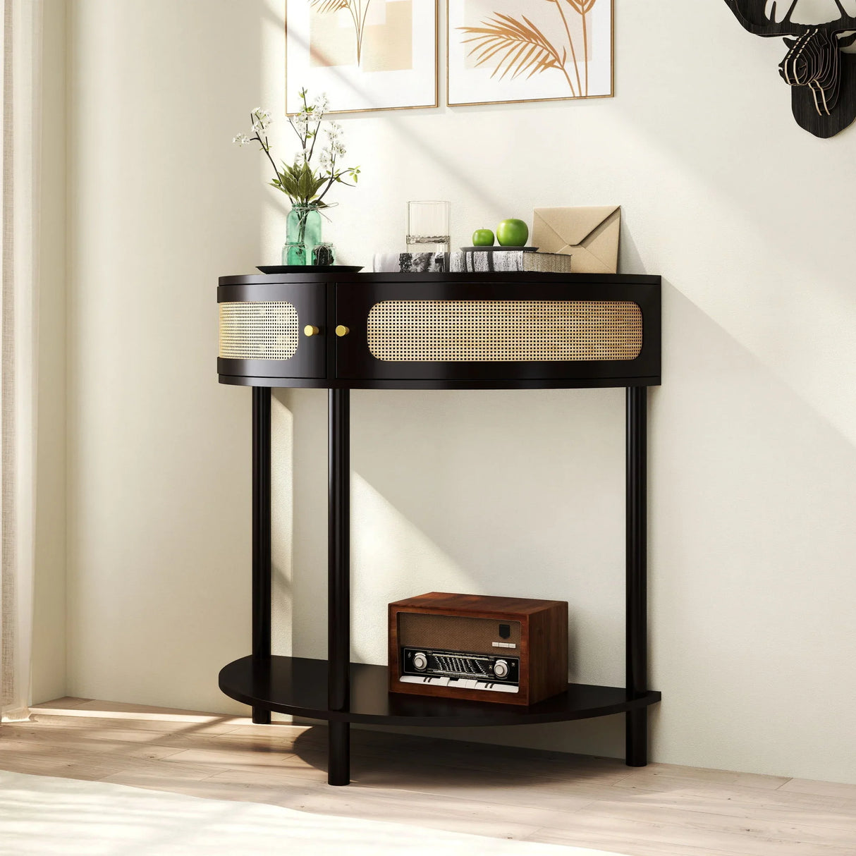 Boho Rattan Semi Circle End Table With Sliding Rattan Door, Storage And Bottom Shelf - Furniture Home Direct