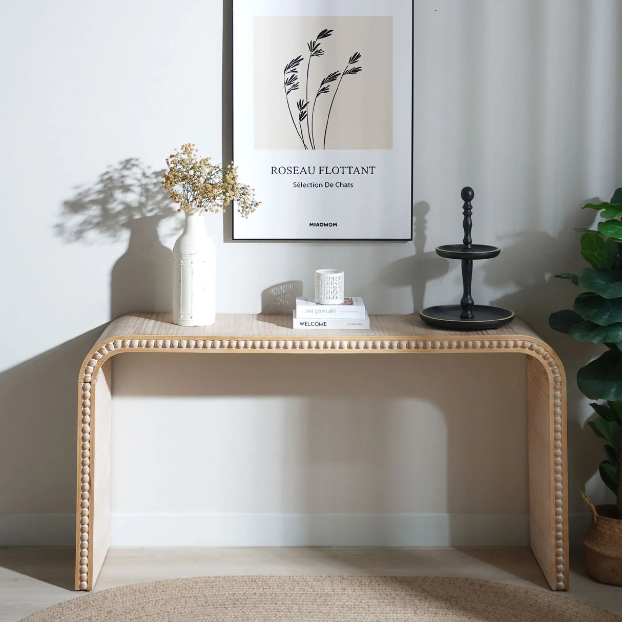 Console Table With Wood Beads Curved Waterfall Style Table - Antique Natural / Natural / Rustic / Natural / White - Furniture Home Direct