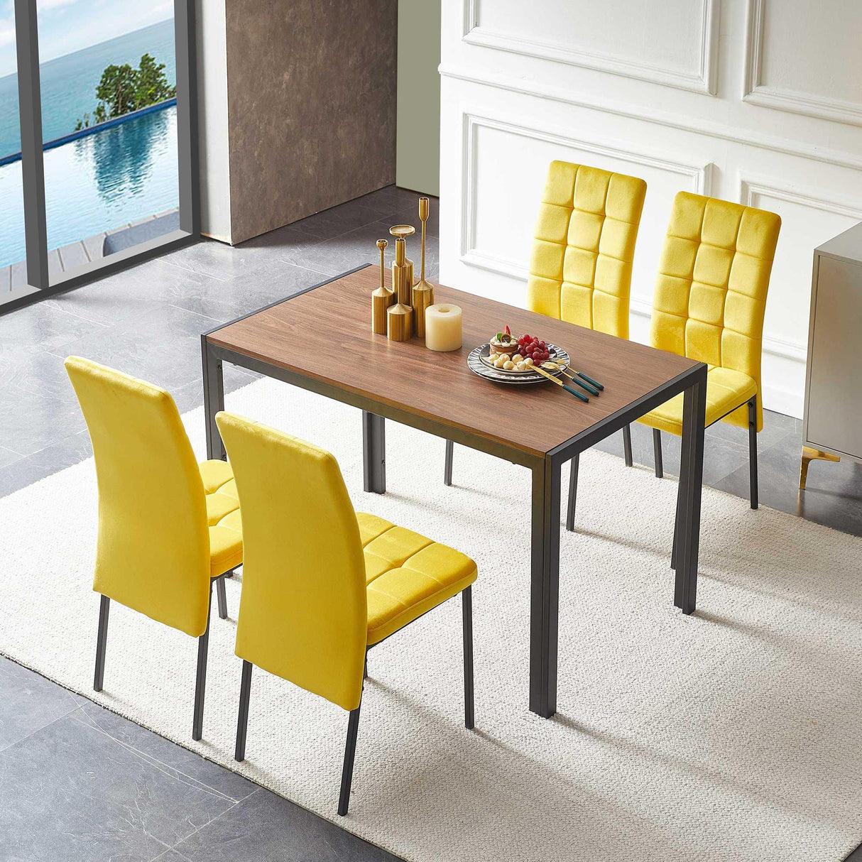 5 Piece Dining Set Including Velvet High Back Nordic Dining Chair & Creative Design Dining Table - Furniture Home Direct