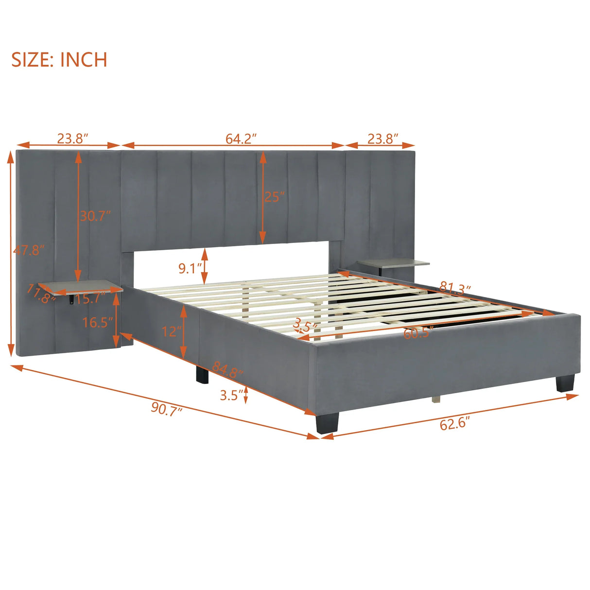 Queen Bed Upholstered Platform With Tall Headboard Gray - Furniture Home Direct