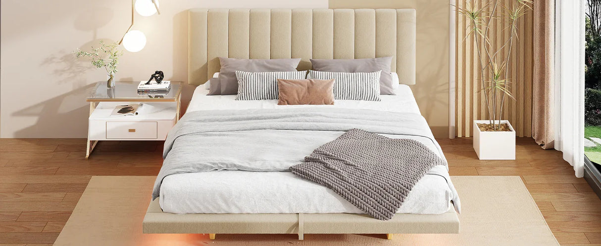 Queen Bed With Upholstered Storage And LED Lighting Beige - Furniture Home Direct
