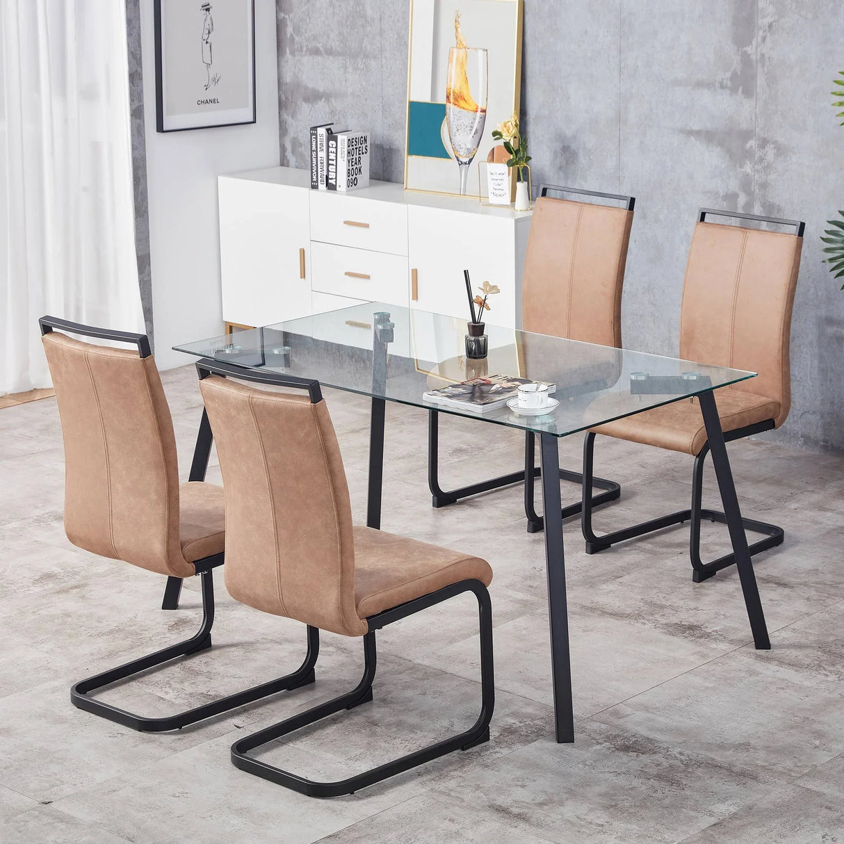 Dining Chairs Upholstered Modern Cantilever Steel Brown - Furniture Home Direct