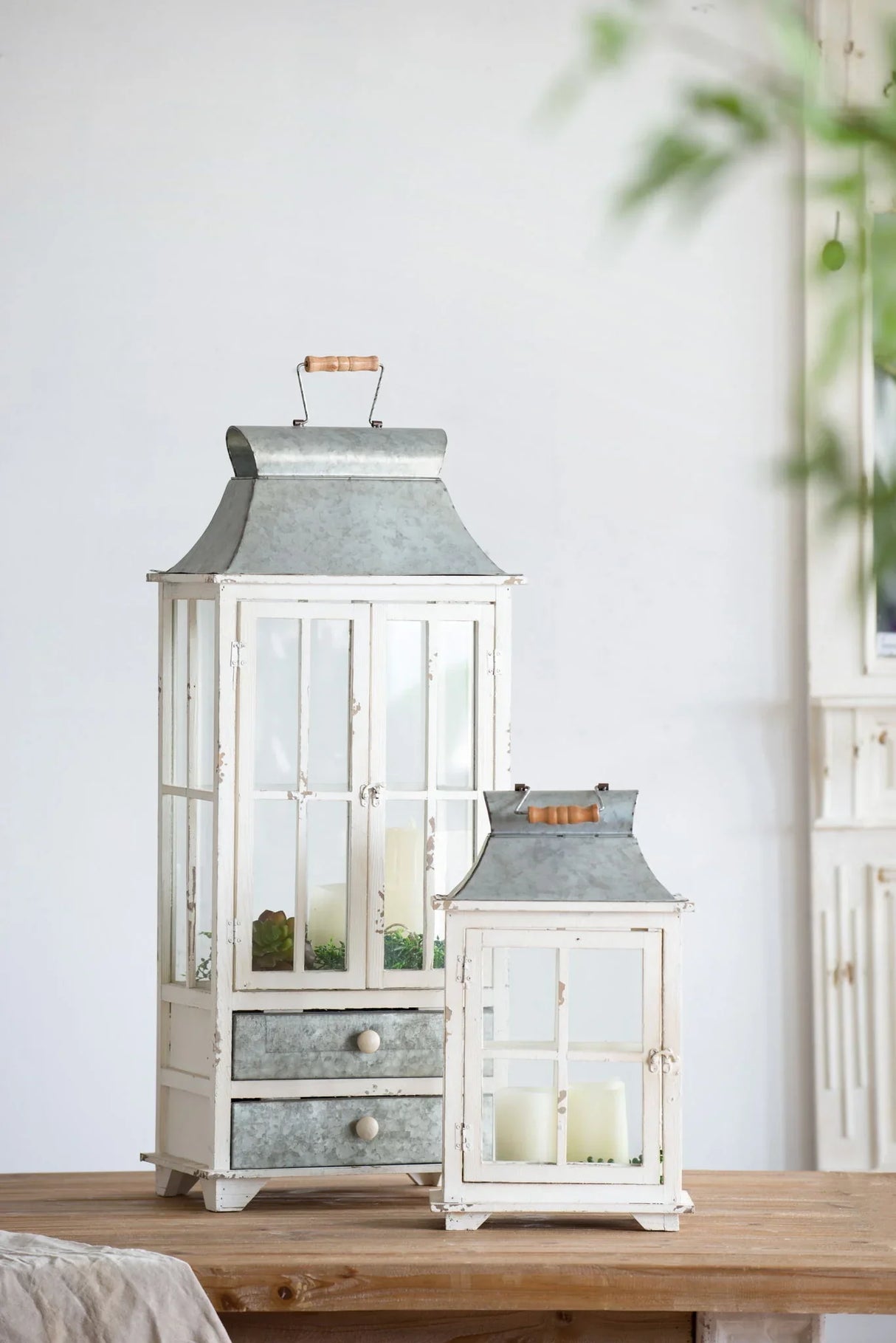 Wooden Candle Lantern Decorative, Hurricane Lantern Holder Decor For Indoor Outdoor, Home Garden Wedding - Ivory - Furniture Home Direct