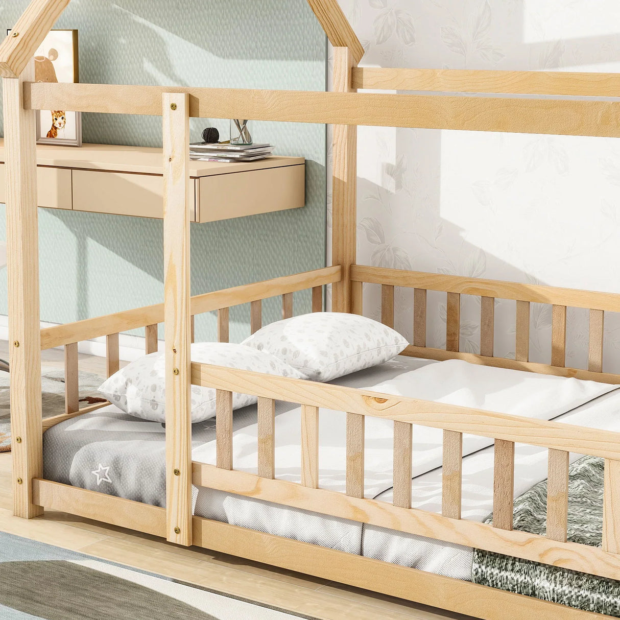 Floor Wooden Bed With House Roof Frame, Fence Guardrails - Furniture Home Direct