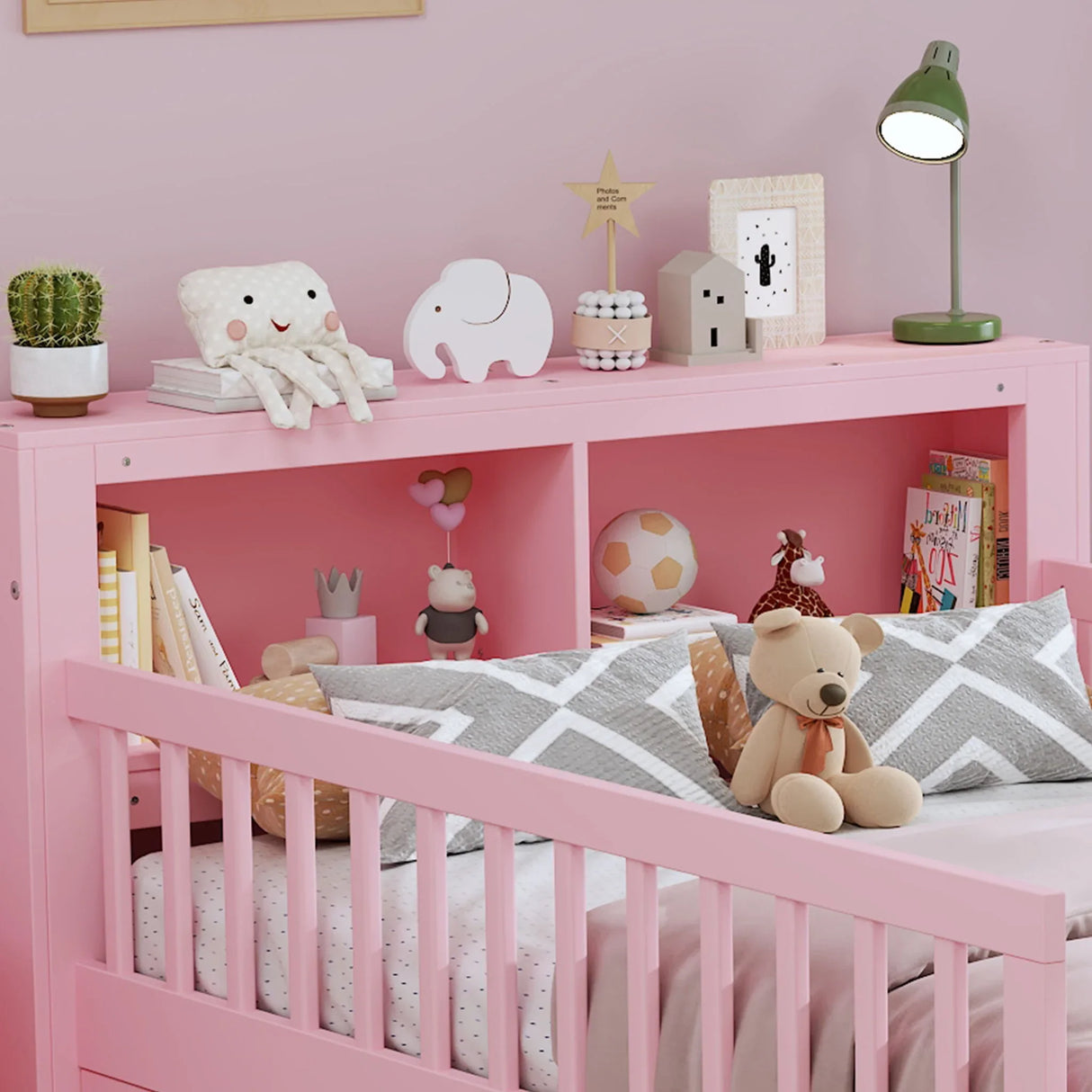 Bed With Headboard Storage Rack, 2 Under Bed Drawers, 3 Side Guardrails For Safety - Furniture Home Direct