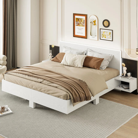 Floating Platform Bed, With LED Lights, Bedside Nightstand - Furniture Home Direct
