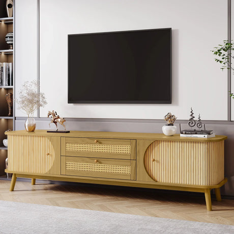 Rattan TV Stand For Tvs Up To 75'', Modern Farmhouse Media Console, Entertainment Center With Legs, TV Cabinet For Living Room, Home Theatre - Natural Wood - Furniture Home Direct