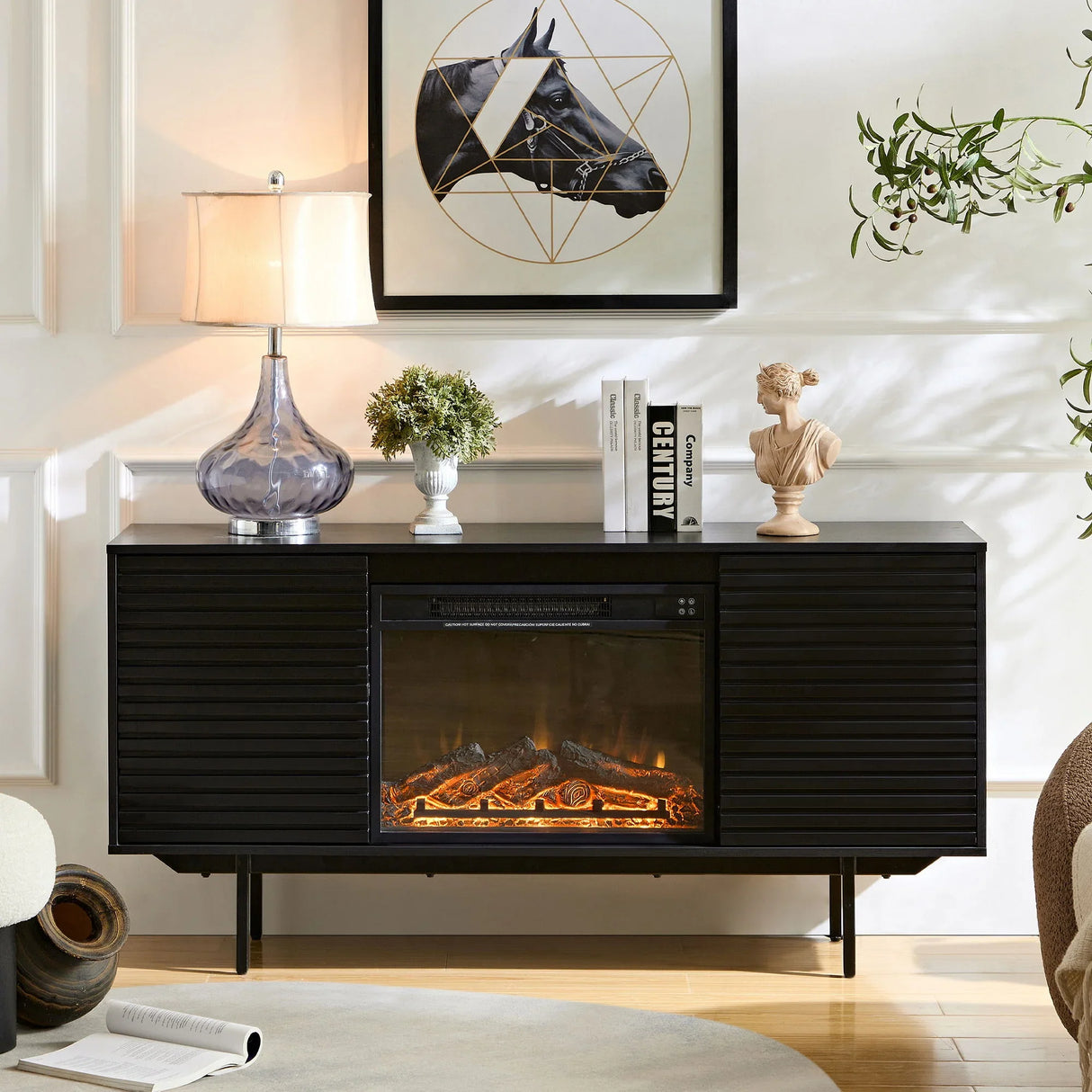 Oak Board Cabinet, The Middle Layer Board On Both Sides Of The Cabinet Can Be Adjusted, The Furnace Is Embedded In The Middle Grid With The Remote Control - Furniture Home Direct
