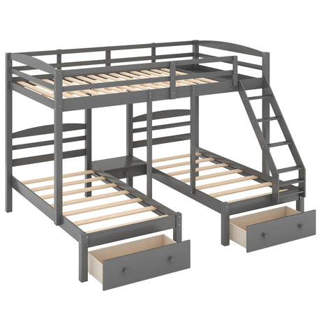Full Over Twin & Twin Bunk Bed, Triple Bunk Bed With Drawers - Gray - Furniture Home Direct