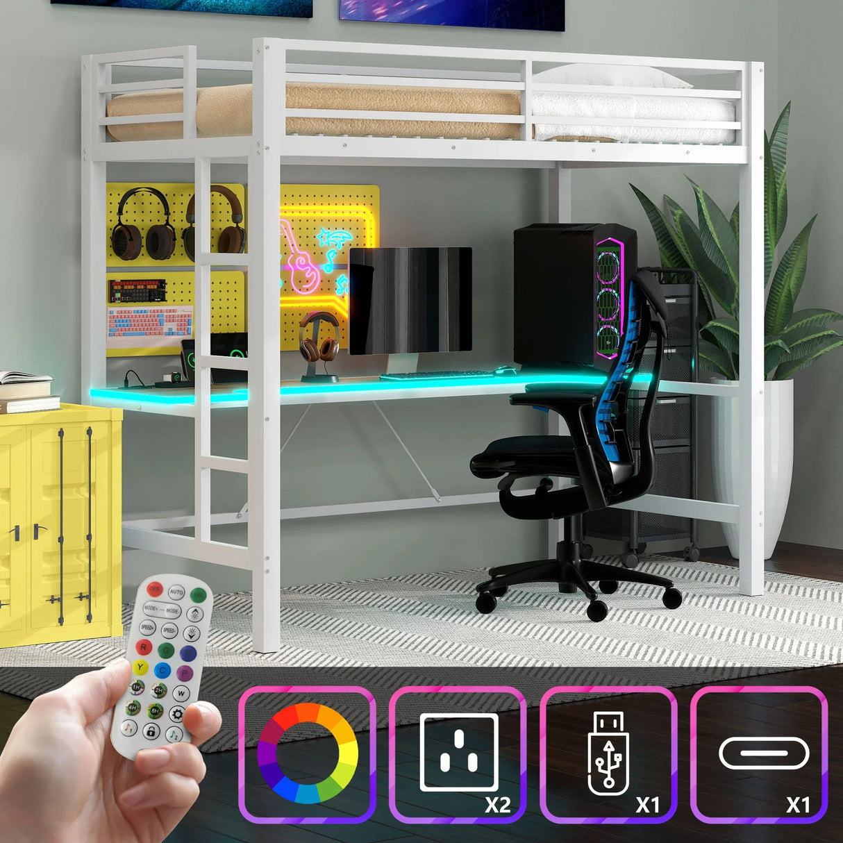 Gaming Metal Loft Bed Frame With LED Light, USB Charge Station And Desk - Furniture Home Direct