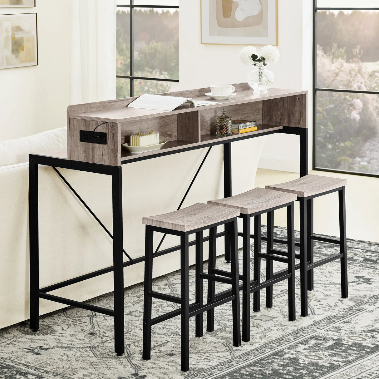 Console Table Set With LED Light Power Outlet Grey - Furniture Home Direct