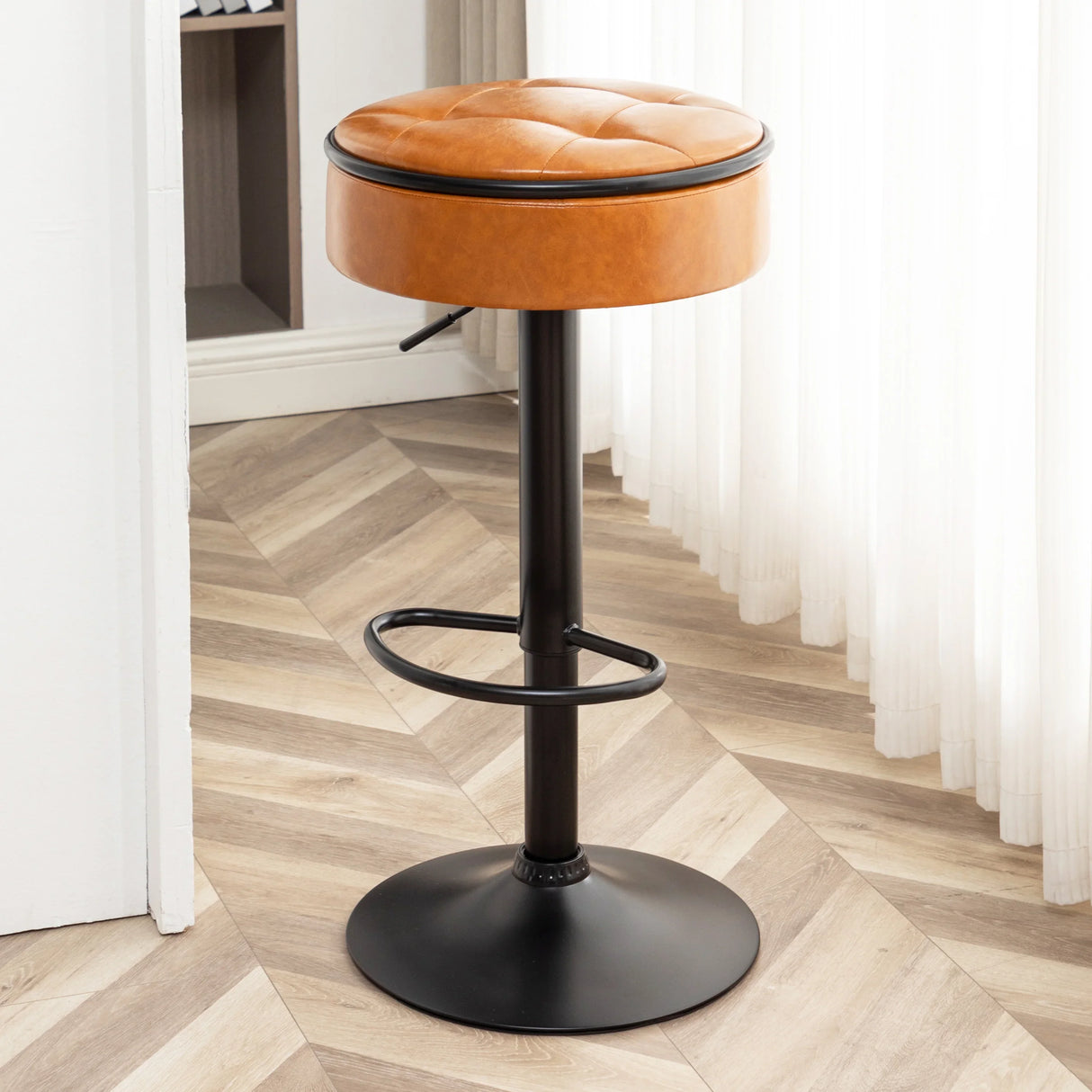 Bar Stool Round Tufted PU Leather Adjustable Height Brown - Furniture Home Direct