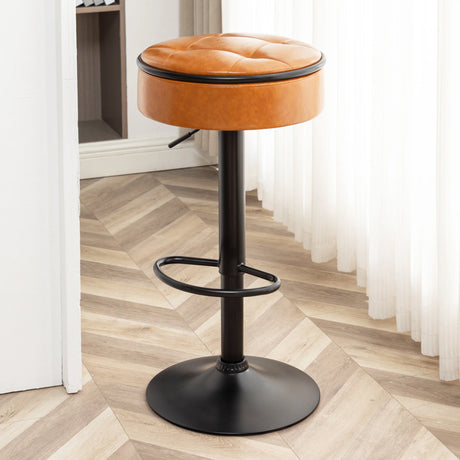 Bar Stool Round Tufted PU Leather Adjustable Height Brown - Furniture Home Direct