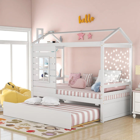 Twin Size Classic House Bed With Twin Size Trundle - White - Furniture Home Direct