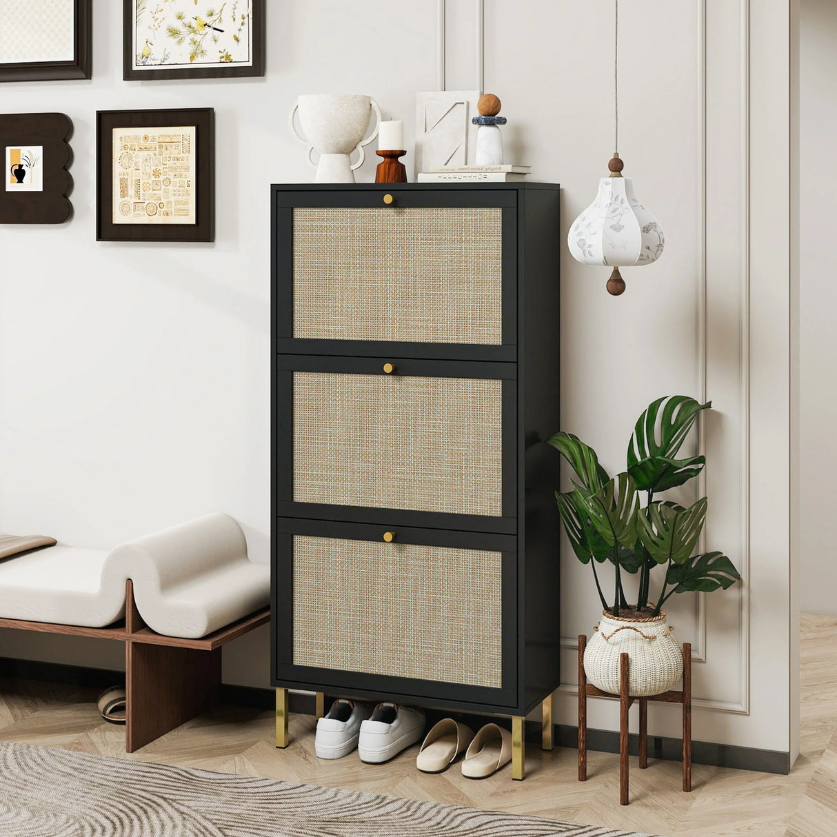 Rattan 3 Door Shoe Rack, Freestanding Modern Shoe Storage Cabinet, for Entryway - Furniture Home Direct