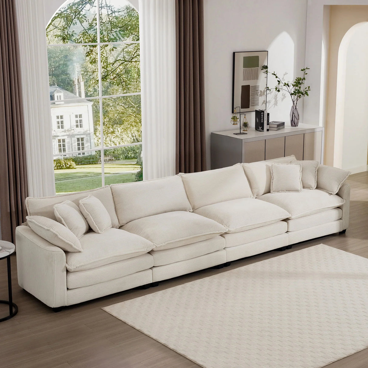 Modern Upholstered 4 Seater Corduroy Fabric Sofa With Arm And Throw Pillows - Furniture Home Direct