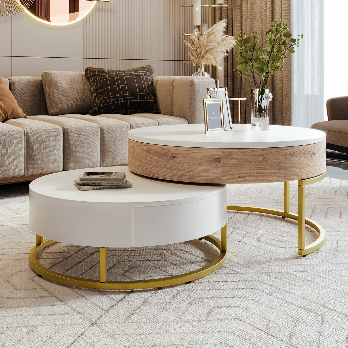 Nesting Coffee Tables Lift Top With 2 Drawers White Natural - Furniture Home Direct