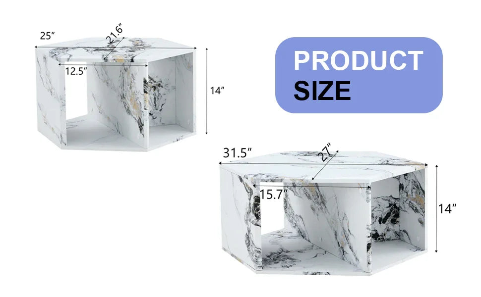 Coffee Table Set Hexagonal Marble Elegant Minimal White - Furniture Home Direct