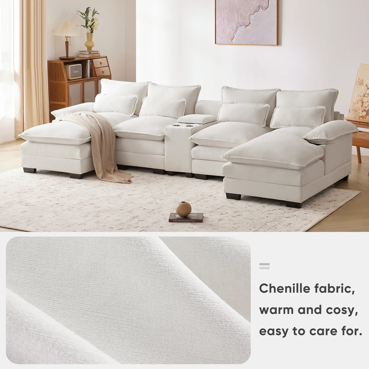 U Shaped Sectional Sofa With Console And Cupholders White - Furniture Home Direct
