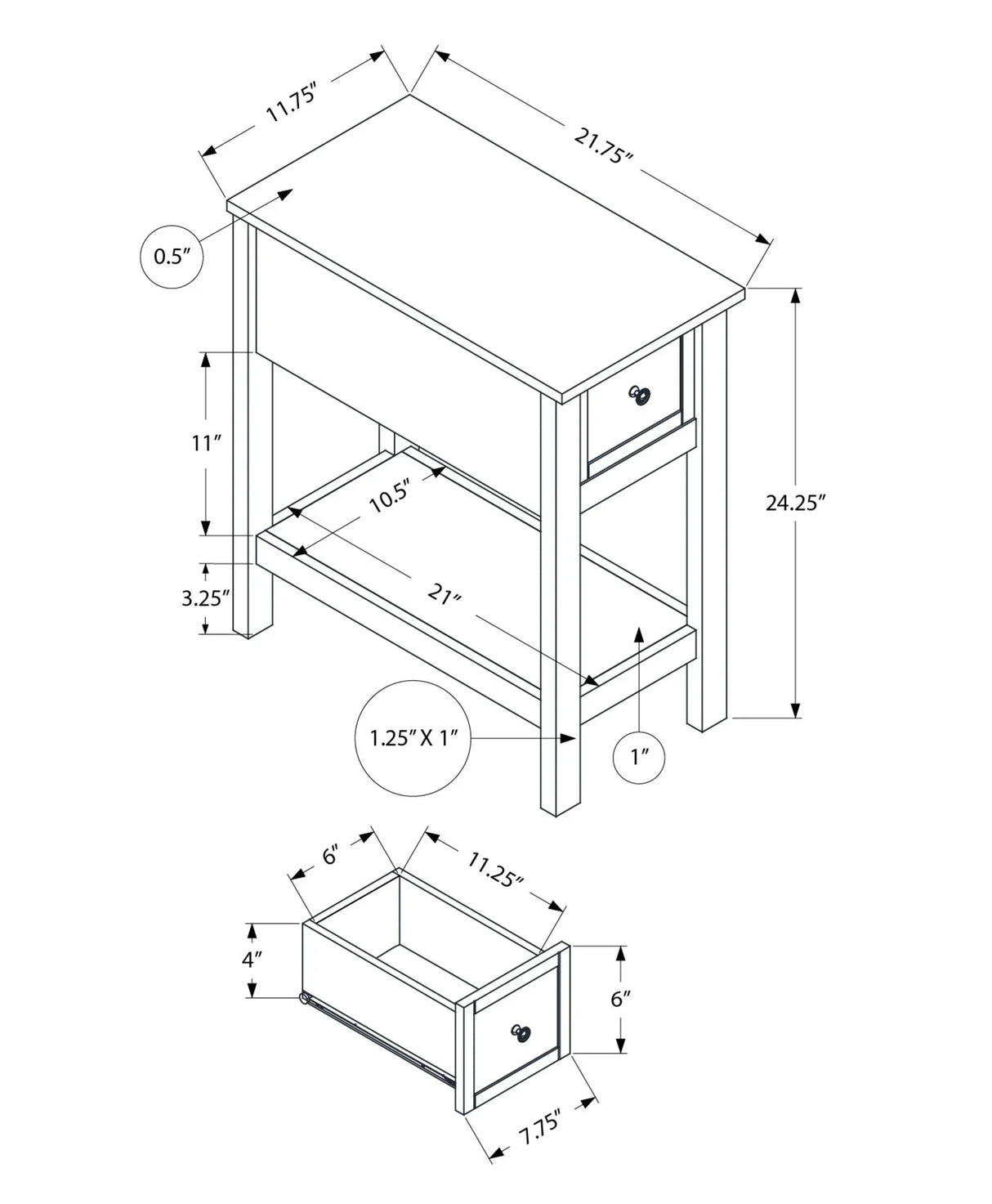 Accent End Table, 2 Tier, Narrow, Lamp, Storage Drawer, Charming Design - Furniture Home Direct