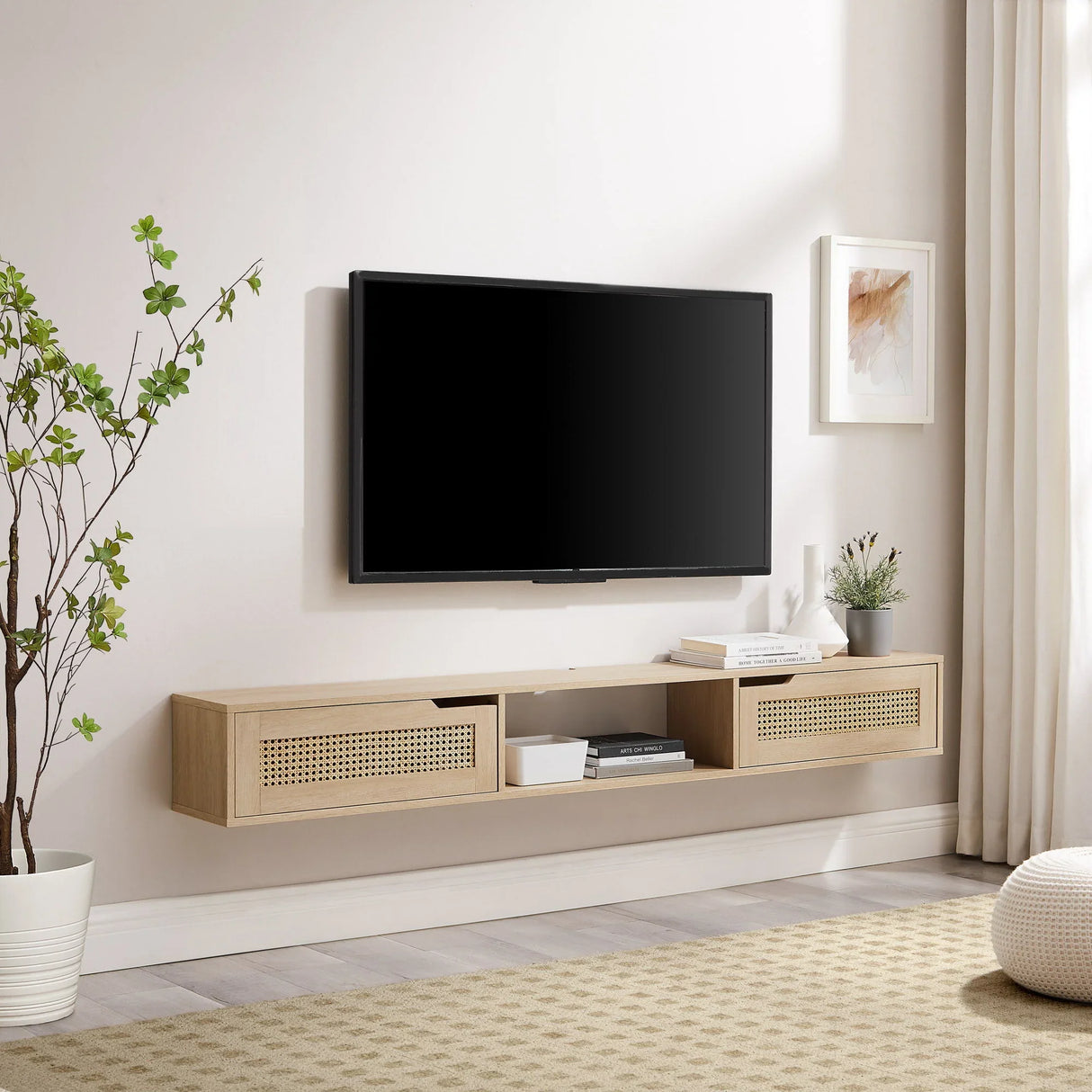 Modern Rattan Door Floating TV Stand For TVs Up To 80" - Furniture Home Direct