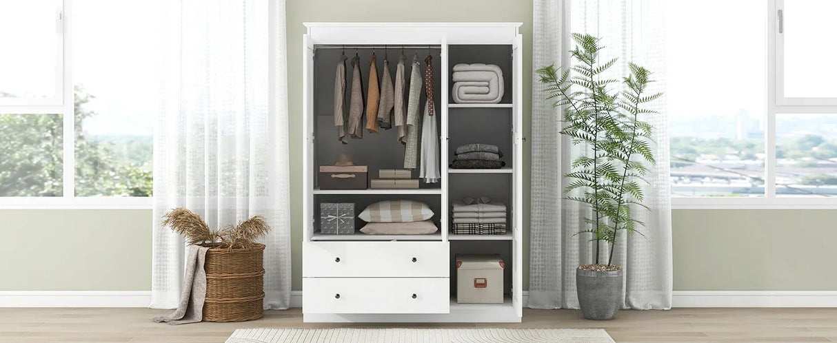 3 Shutter Door Wardrobe Armoire Closet with 2 Drawers, White - Furniture Home Direct