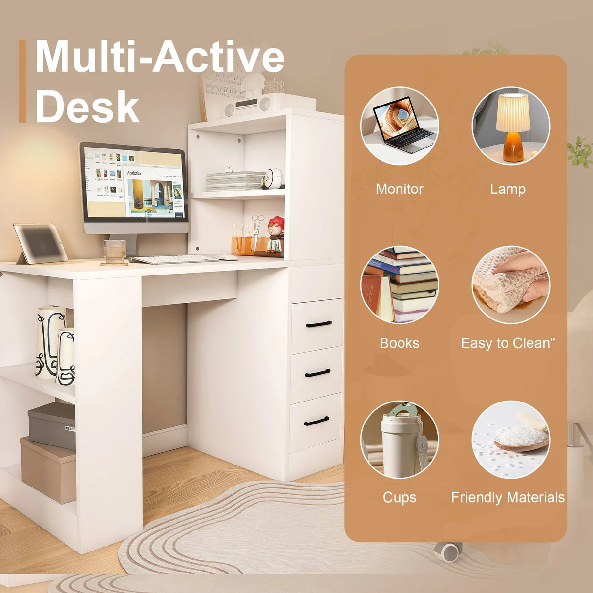 Modern Computer Desk With Built In Socket 3 Slide Drawers 4 Storage Levels - White