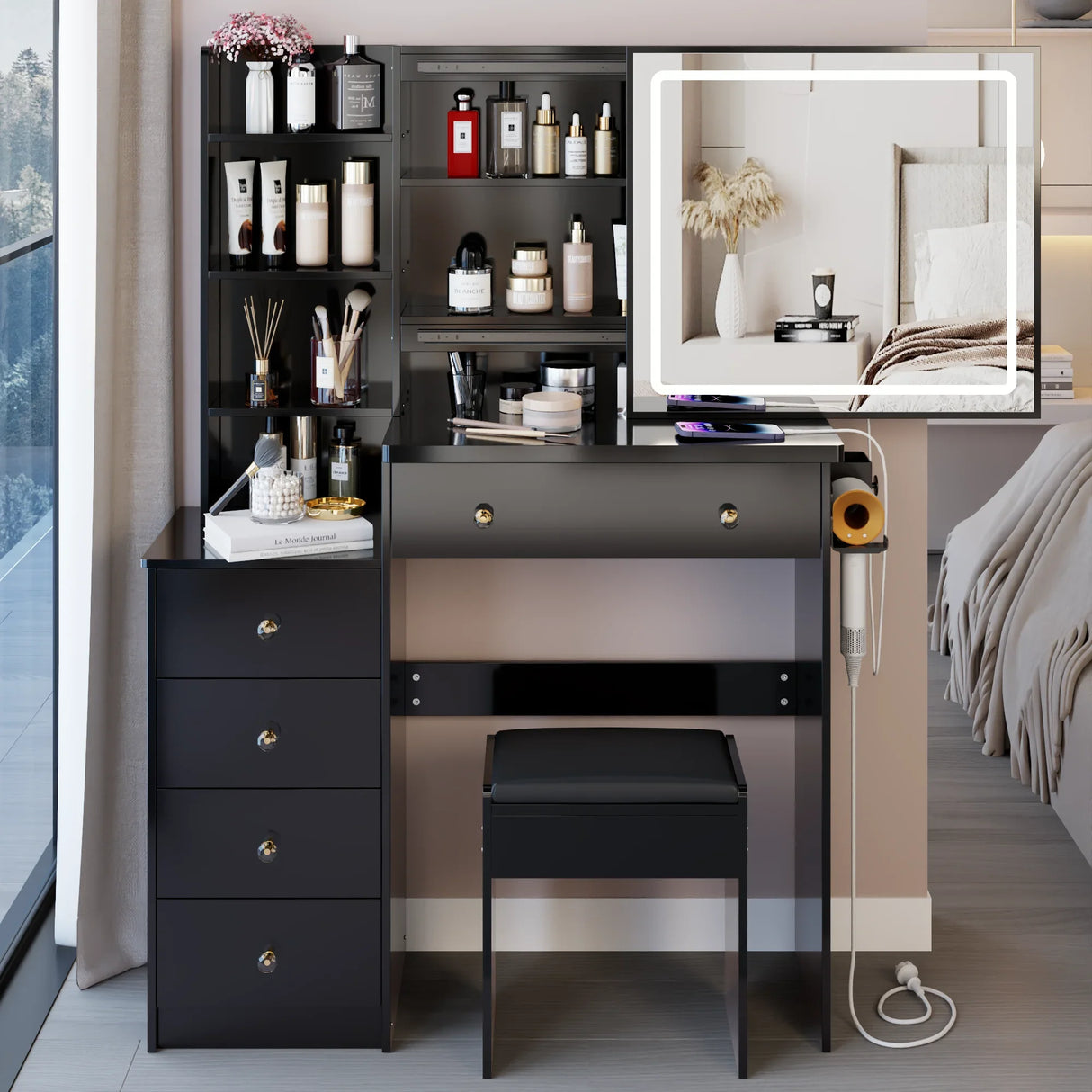 Vanity Table with Cushioned Stool Modern Finish Black - Furniture Home Direct