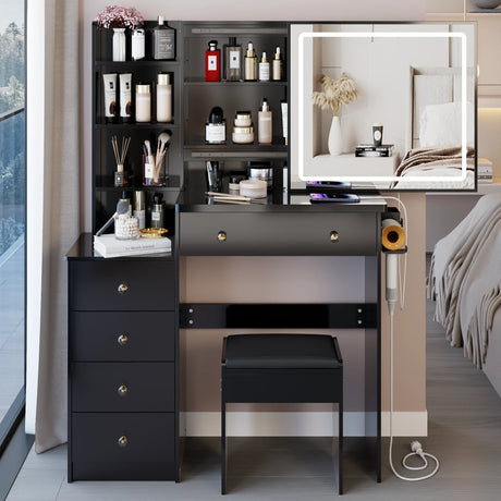 Vanity Table with Cushioned Stool Modern Finish Black - Furniture Home Direct