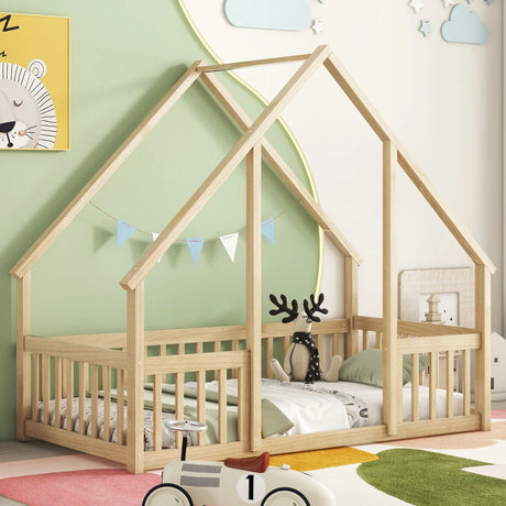 Wood House-Shaped Floor Bed With Fence, Guardrails - Furniture Home Direct