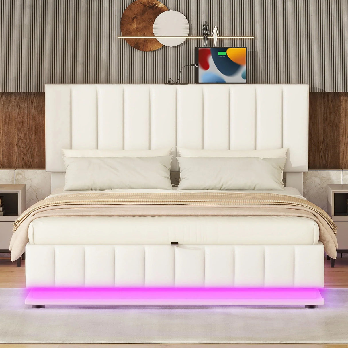 Upholstered Bed With Hydraulic Storage System And LED Light, With Sockets And USB Ports - Furniture Home Direct