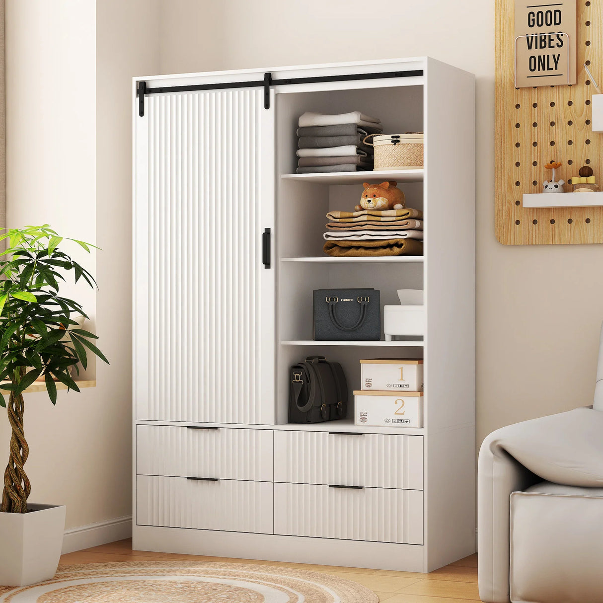 Tall Armoire With Sliding Barn Door Drawers Storage White - Furniture Home Direct