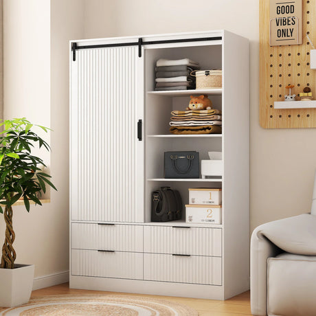 Tall Armoire With Sliding Barn Door Drawers Storage White - Furniture Home Direct