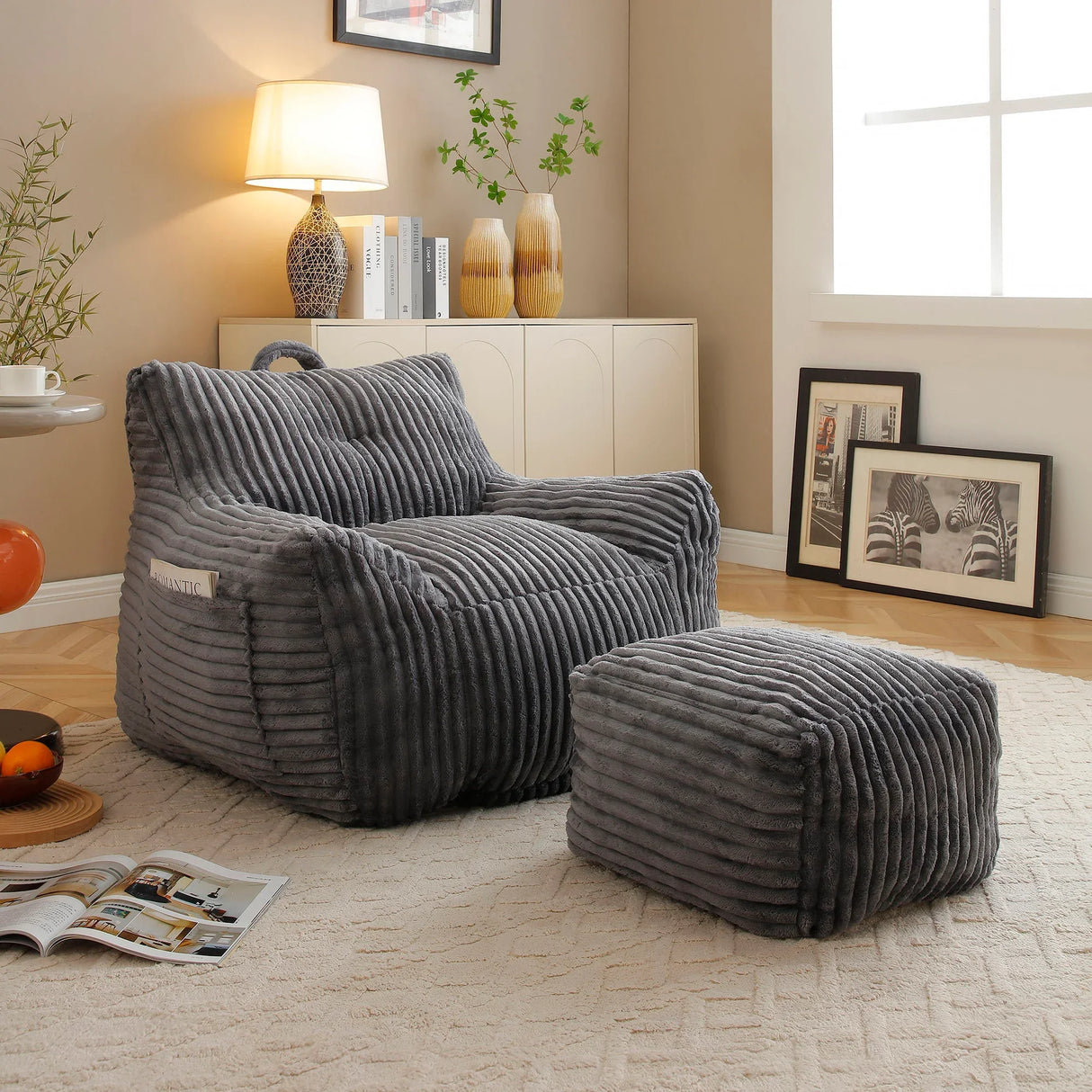 Giant Plush Bean Bag Chair With Armrests And Footstool - Furniture Home Direct