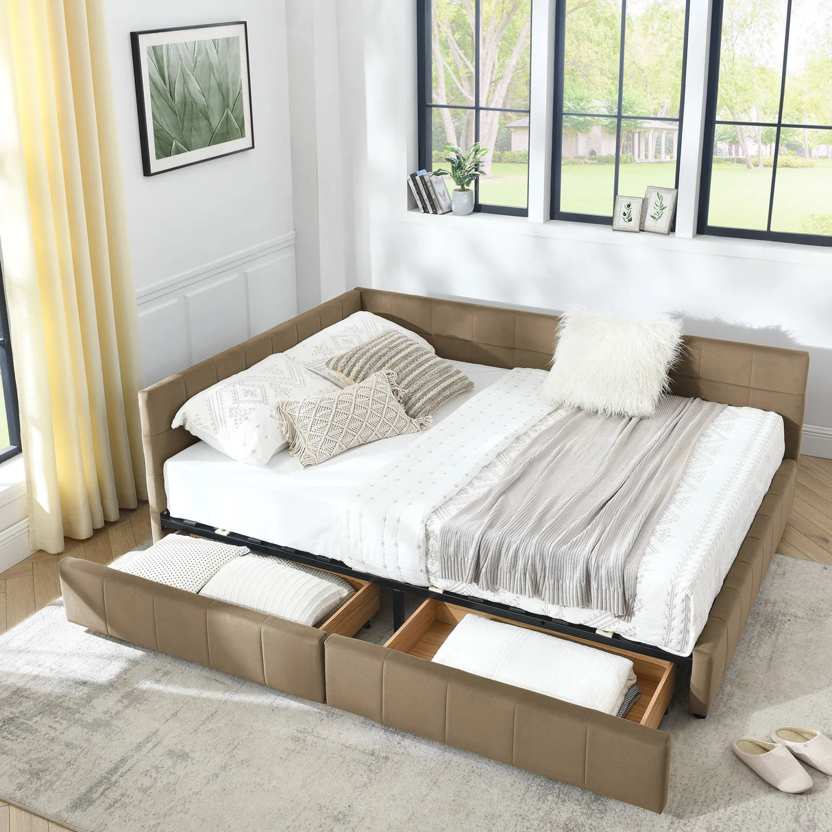 Mid-Century Storage Upholstered Tufted Bed Frame With Backrest And Armrests - Furniture Home Direct