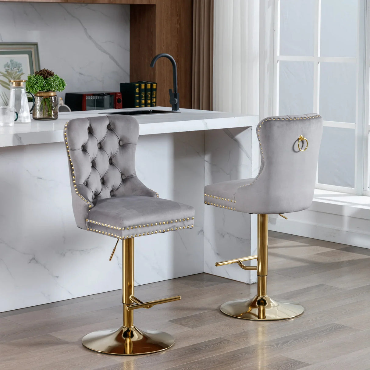 Counter Stools Tufted Velvet Back Swivel Gold Base Gray - Furniture Home Direct