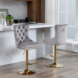Counter Stools Tufted Velvet Back Swivel Gold Base Gray - Furniture Home Direct