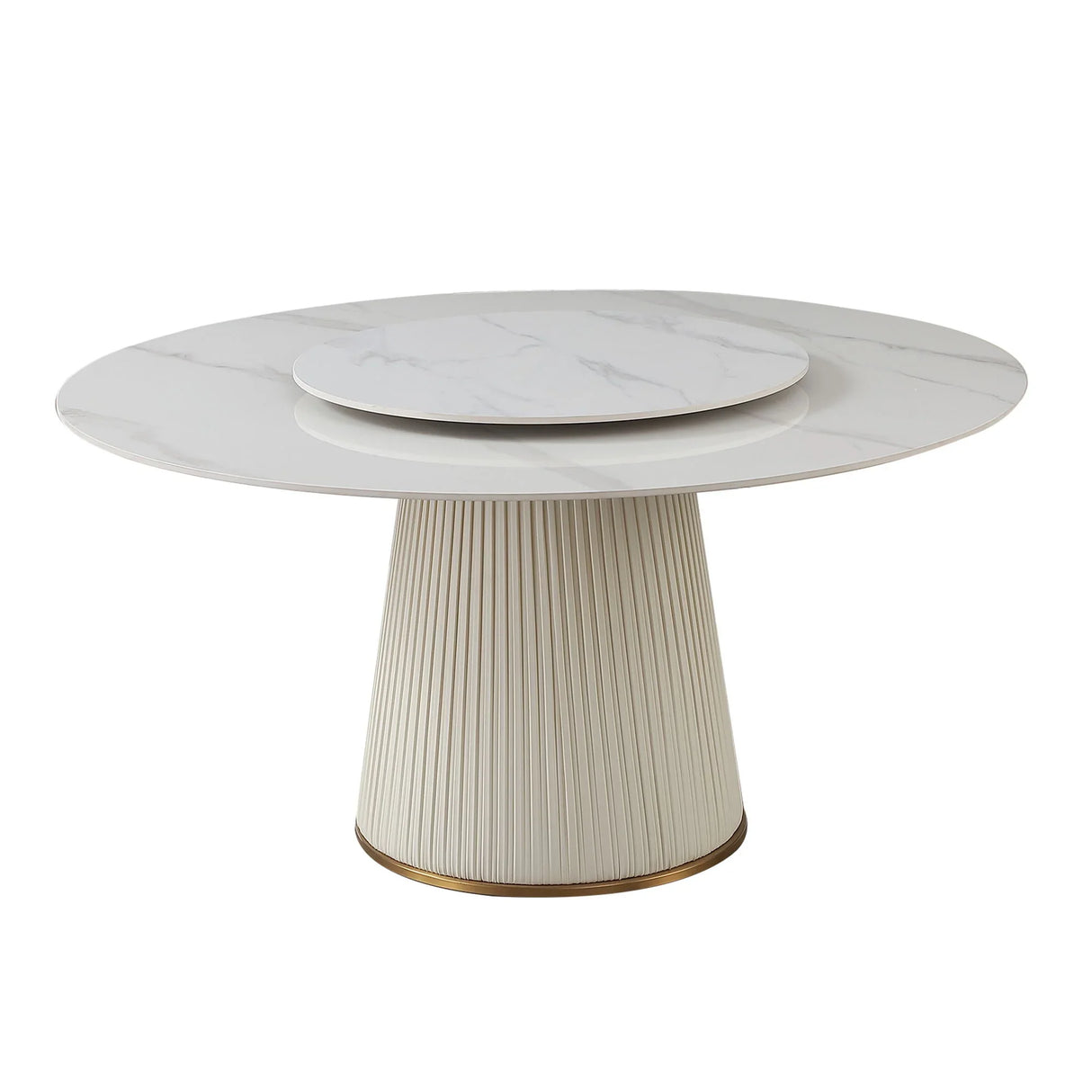 Modern Sintered Stone Dining Table With Turntable And Wood Metal Pedestal With 4 Chairs - Beige / White - Furniture Home Direct