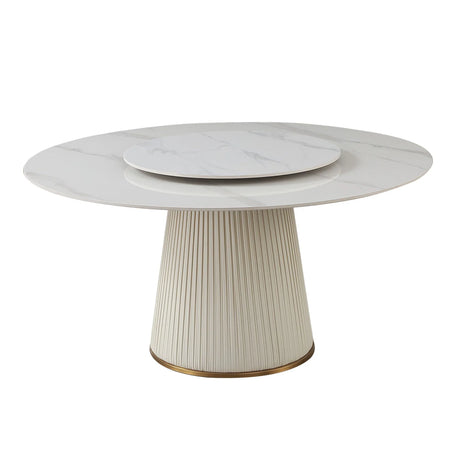 Modern Sintered Stone Dining Table With Turntable And Wood Metal Pedestal With 4 Chairs - Beige / White - Furniture Home Direct