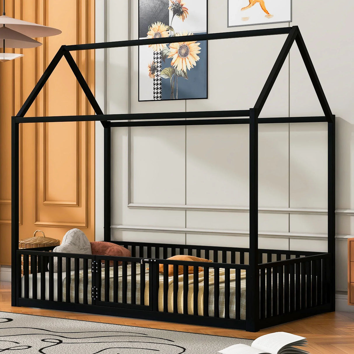 Metal House Bed With Fence And Door - Furniture Home Direct