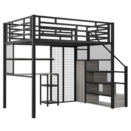 Metal Loft Bed With Wardrobe, Desk, Storage Shelves - Furniture Home Direct