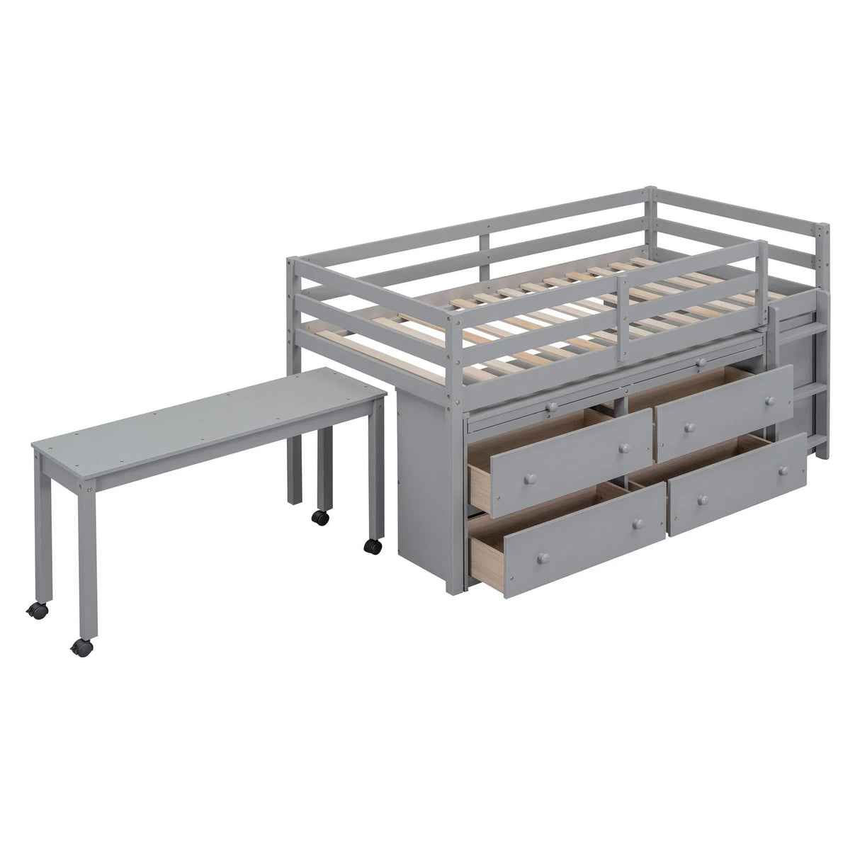 Loft Bed With Retractable Writing Desk And 4 Drawers, With Lateral Portable Desk And Shelves - Furniture Home Direct