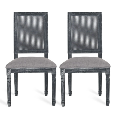 French Country Dining Chair With Rectangular Cane Backrest And Smooth Upholstered Seating