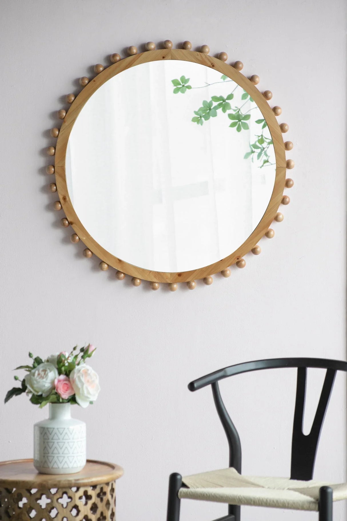Wood Round Mirror With Beaded Frame, Circle Wall Mirror For Living Room Bedroom Entryway - Brown - Furniture Home Direct
