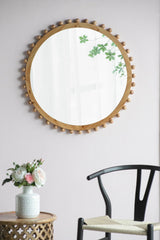 Wood Round Mirror With Beaded Frame, Circle Wall Mirror For Living Room Bedroom Entryway - Brown - Furniture Home Direct